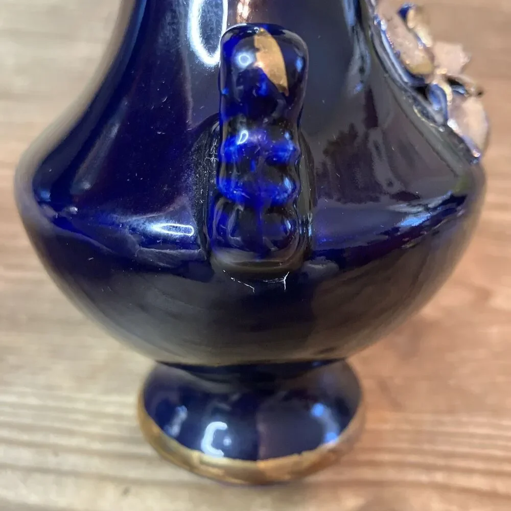 Vintage Cobalt Blue And Gold Bud Vase With Applied Gold Rose 6” Hand Painted